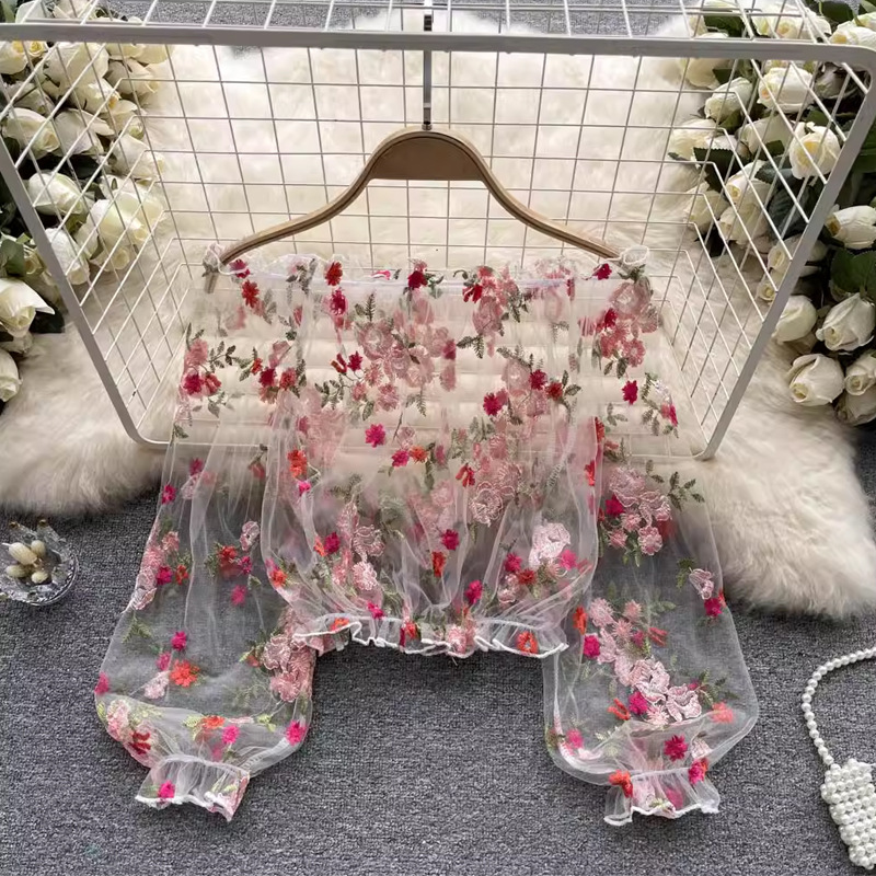 Embroidery - Женский укороченный топ с длинным рукавом,